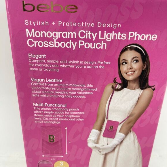 Bebe Pink Monogram City Lights Phone Crossbody Pouch Vegan Leather New - Picture 10 of 14